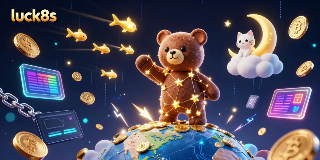 Experience luck8s with a constellation bear collecting coins as symbols of online gambling success.