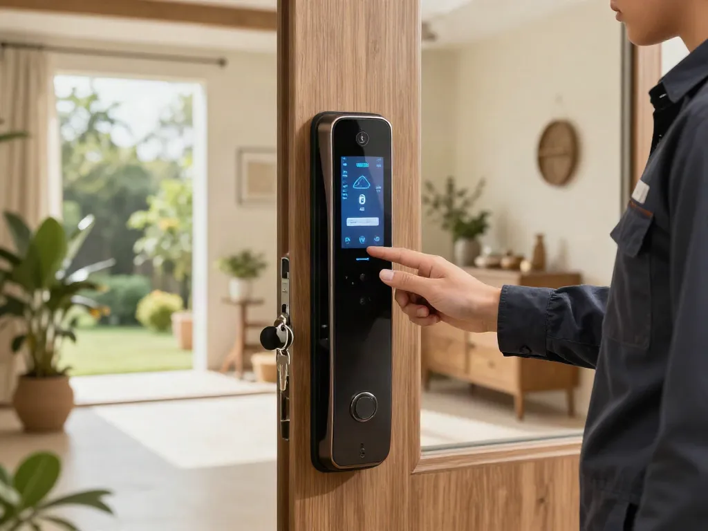 Showcasing a smart lock installation at a modern home entrance with digital interface.