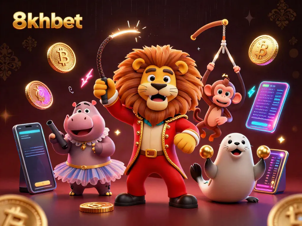 Engage with 8xbet's vibrant, colorful casino scene featuring a whimsical lion, hippo, monkey, and seal.