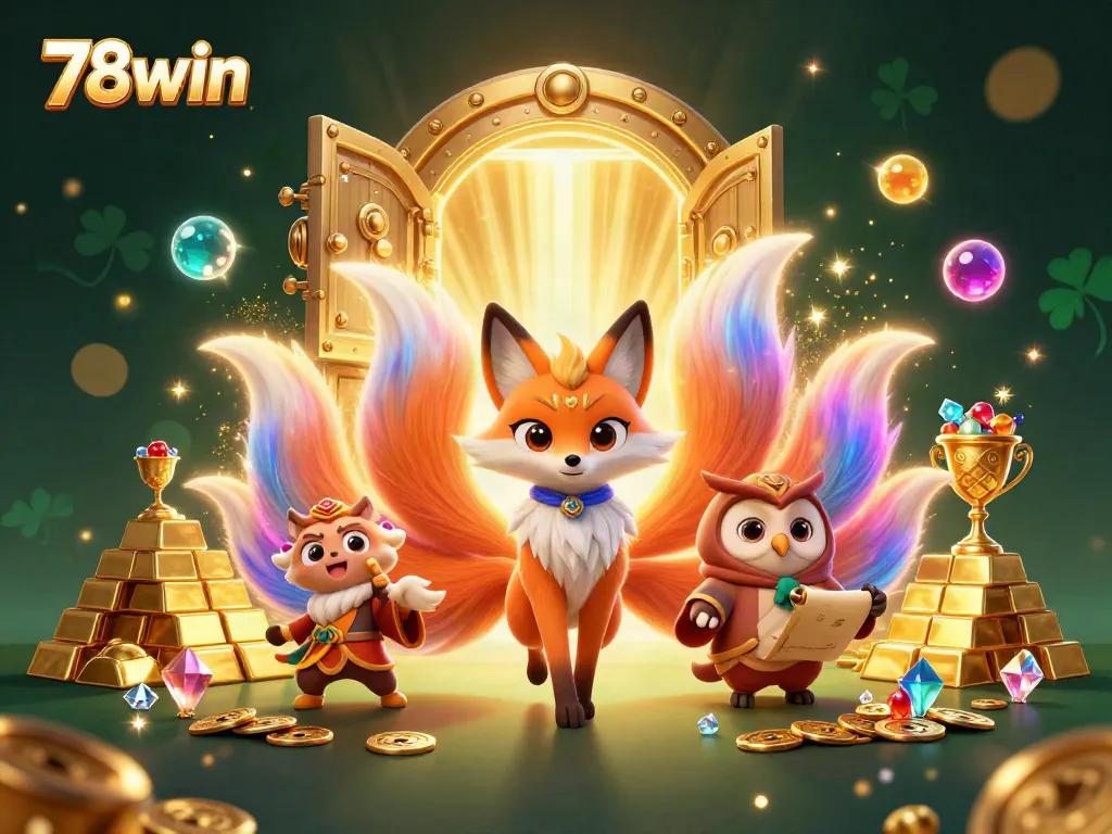 Experience the excitement with 78win through a vibrant scene filled with treasures and animated spirits.