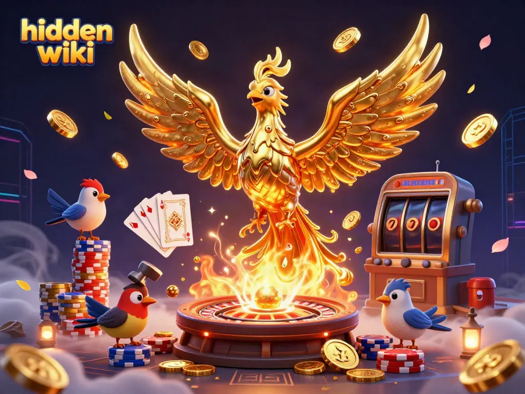 Engaging illustration depicting the hidden wiki with a molten golden phoenix and whimsical casino elements.