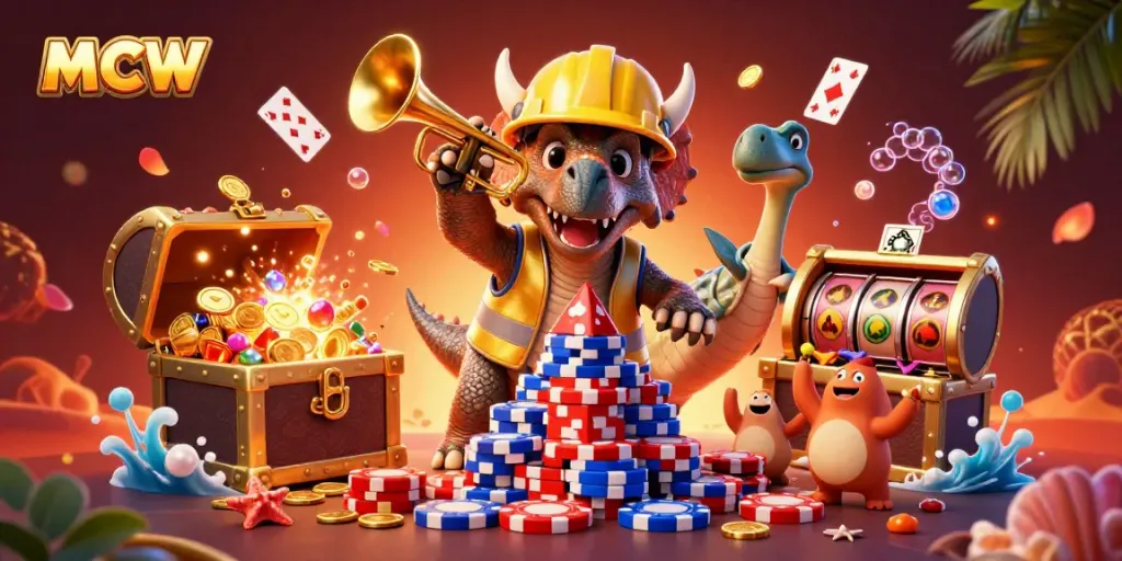 MCW casino scene with a celebratory triceratops and slot reels, showcasing vibrant gaming elements.