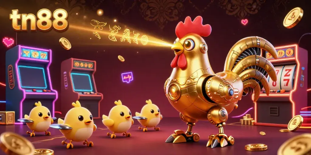 Engage with tn88's vibrant casino games scene featuring a golden rooster robot and arcade elements.