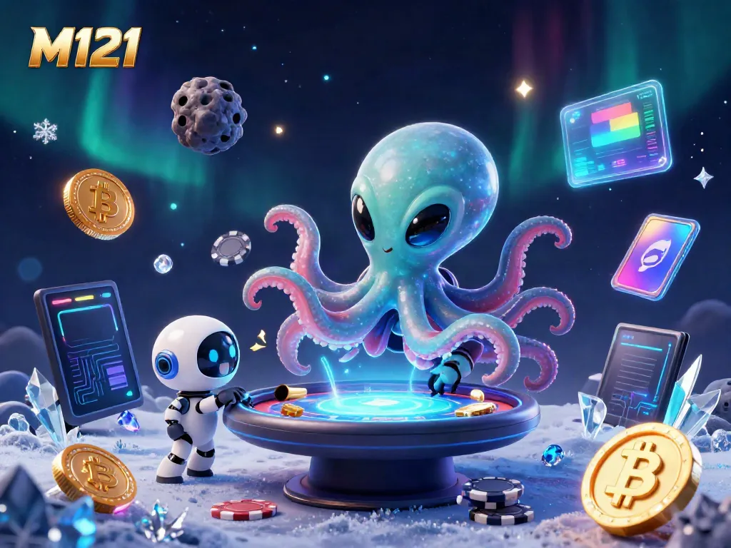 Engage with M121 at a vibrant casino scene featuring an alien octopus playing poker.