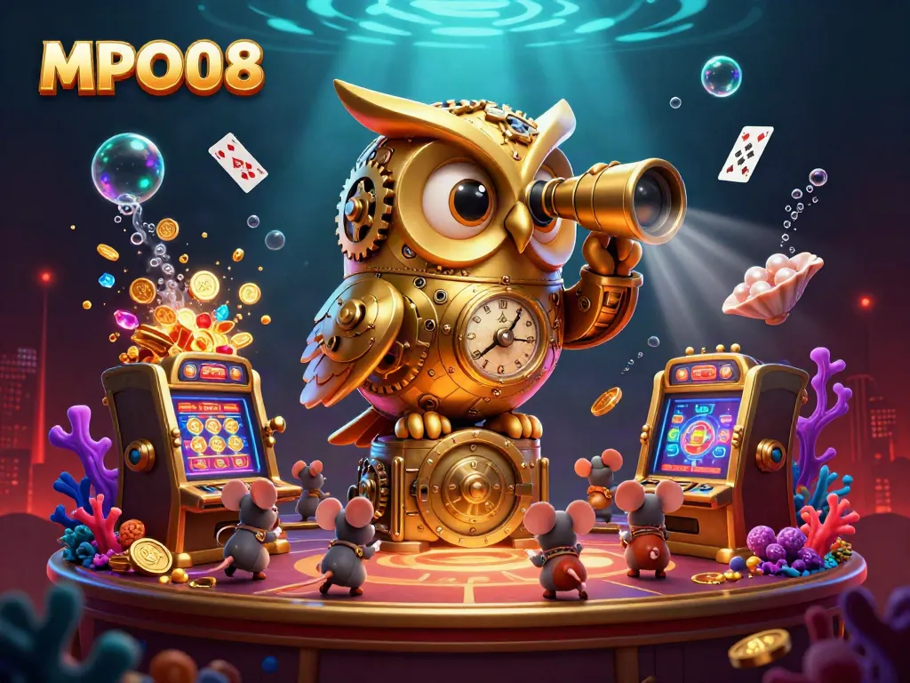 MPO08 players explore exciting games with a mechanical owl and whimsical mice in a vibrant casino setting.