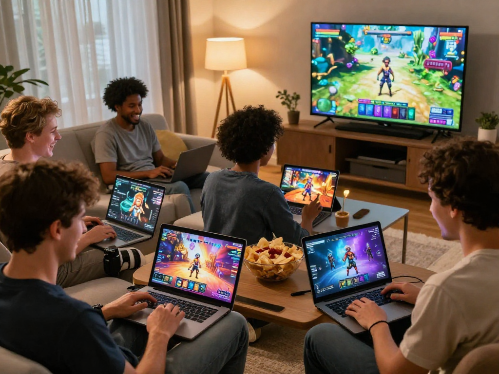 Engaged adults enjoying exciting porn games in a cozy living room setting, showcasing colorful game interfaces.