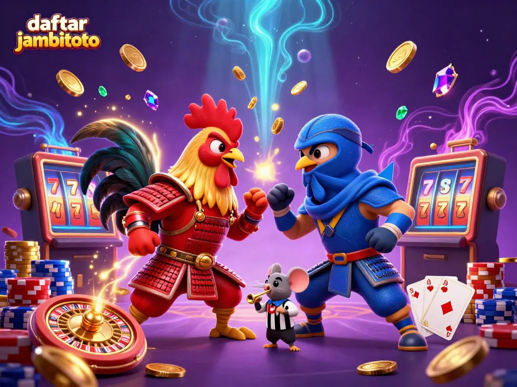 Experience the thrilling showdown of cartoon roosters as they battle for glory in the daftar jambitoto arena, surrounded by resplendent casino elements.