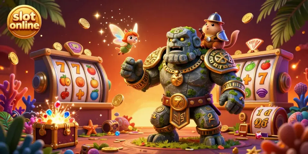 Spin to win with slot online in a vibrant casino scene with magical characters and treasure!