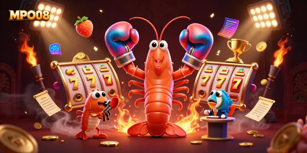 MPO08 features an intense slot game scene with characters promoting exciting gaming experiences.
