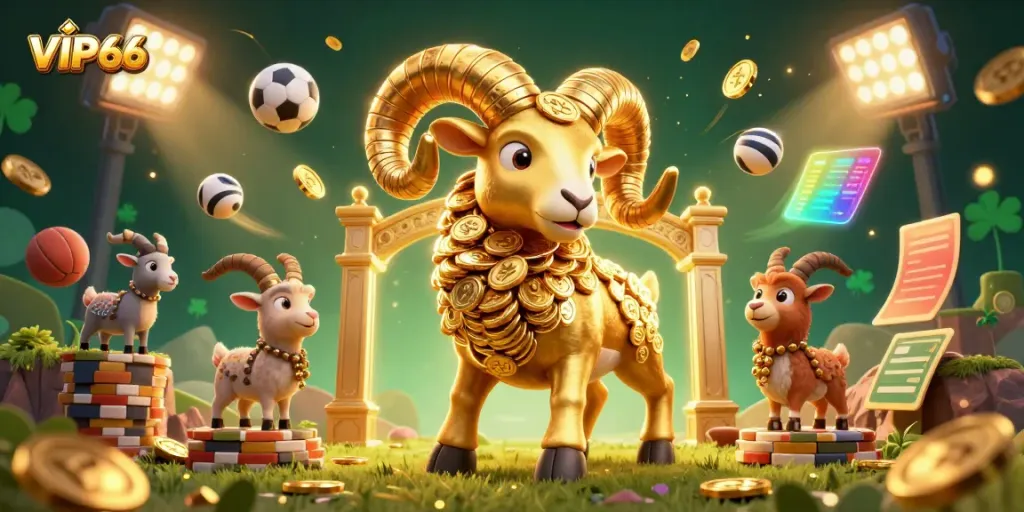 Engage with the thrilling world of VIP66 as a golden ram charges through dynamic sports betting elements, surrounded by excitement.