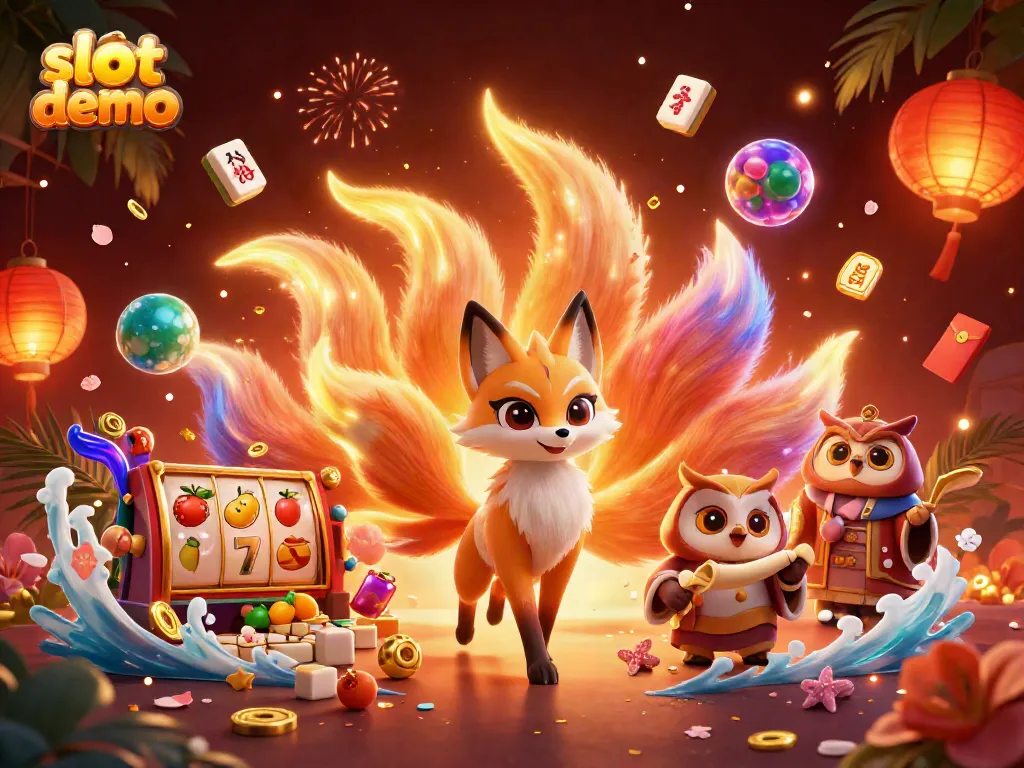 Experience the excitement of a slot demo with vibrant characters and dynamic casino elements in this lively 3D illustration.
