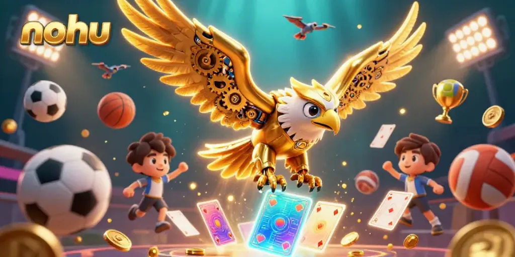 Experience nohu-themed casino action in a vibrant 3D scene of a golden eagle surrounded by dynamic gaming elements.