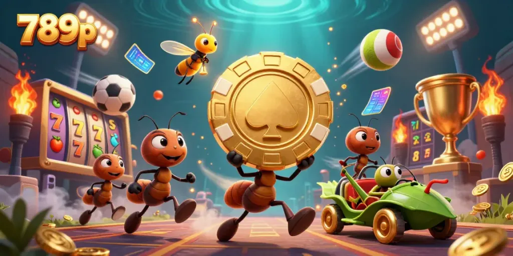 Bettors engaging with 789p in a vibrant casino heist scene featuring ants and a grasshopper.