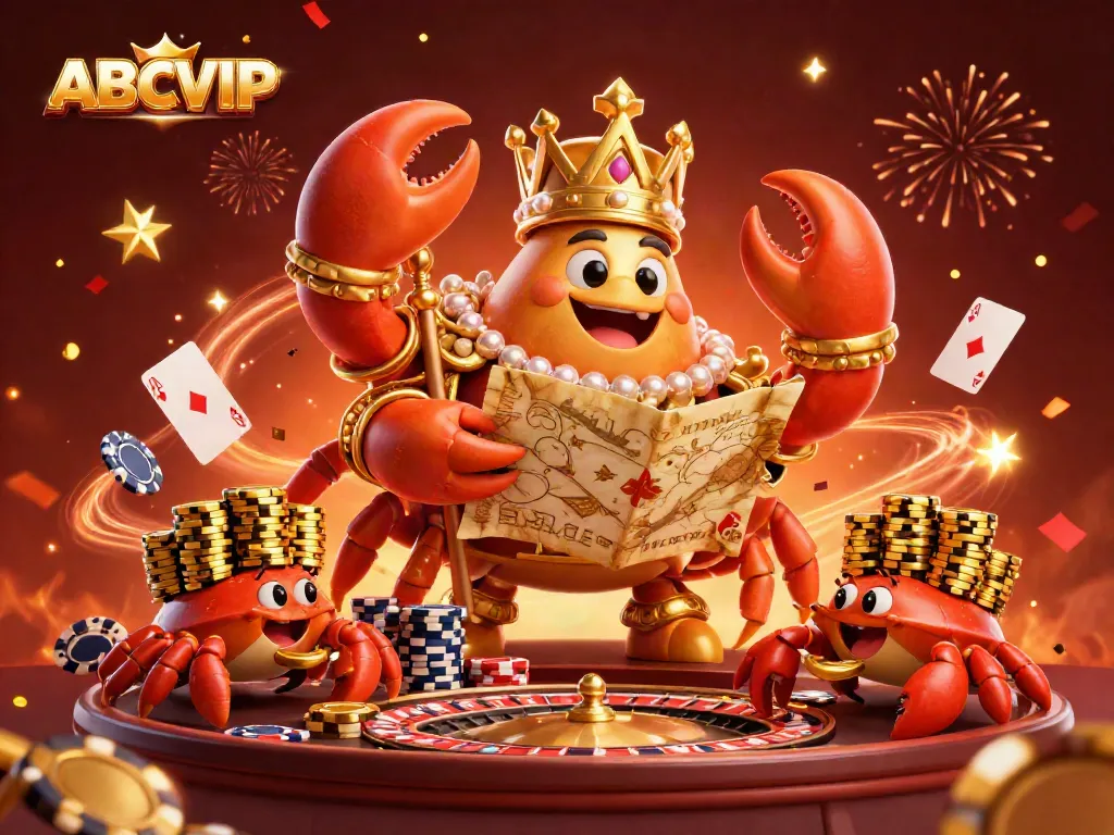 ABCVIP's golden crab emperor leads a vibrant casino celebration with poker cards and roulette elements.