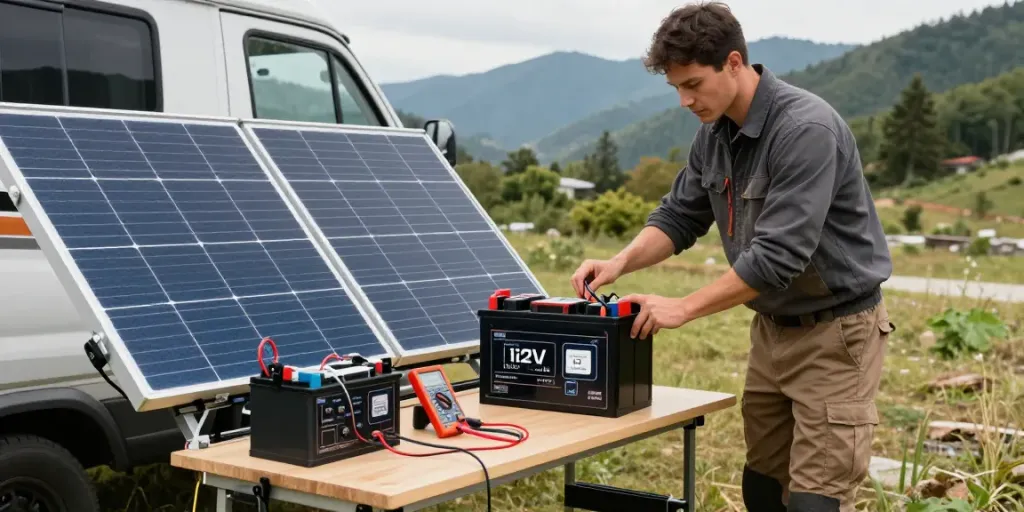 Technician setting up a 12V lithium battery with solar panels in an outdoor environment, showcasing renewable energy.