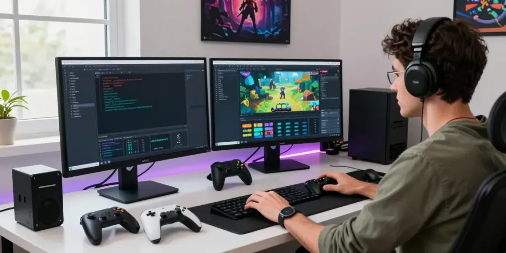 Mobile game developer modifying Mod apk at dynamic digital workspace.