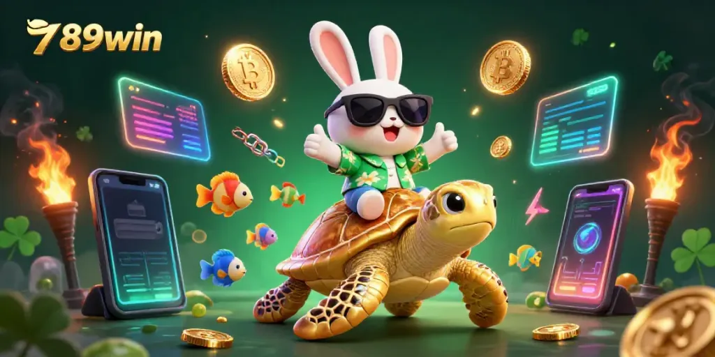 Experience winning moments at 789win with a lucky rabbit and golden sea turtle in a vibrant casino scene.
