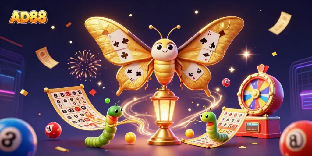 AD88 illustration showcasing casino themes with a vibrant atlas moth and lottery elements.