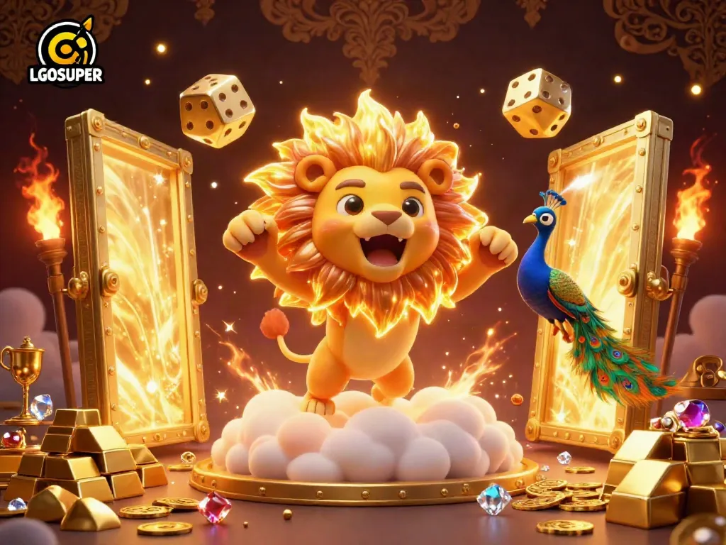 Experience winning at LGOSUPER with vibrant 3D illustration showcasing golden treasures and a roaring lion.