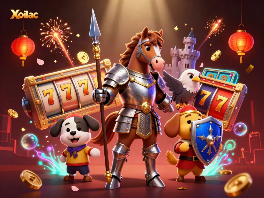 Xoilac brings excitement with a knight and puppy in a rich casino scene.
