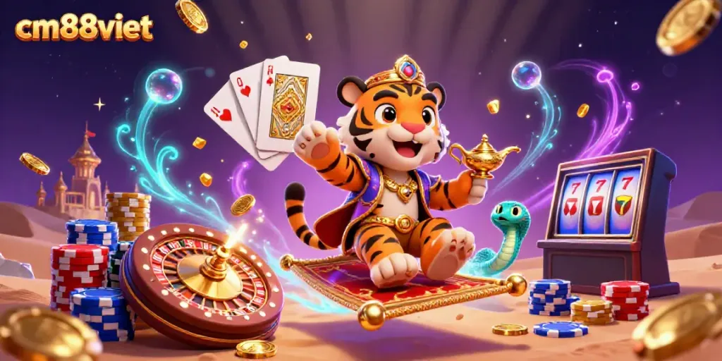 Experience the thrill of win at cm88viet with a vibrant casino scene illustrating a tiger sultan riding a magic carpet.