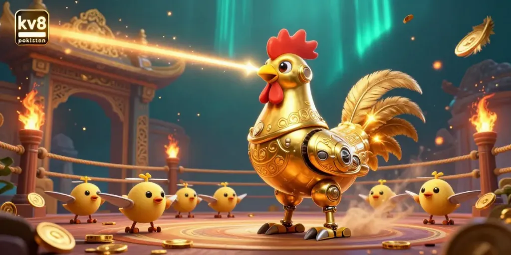 Engage with the world of kv8 pakistan, featuring a vibrant scene of a golden rooster robot leading playful drones, capturing the essence of thrilling casino gaming.