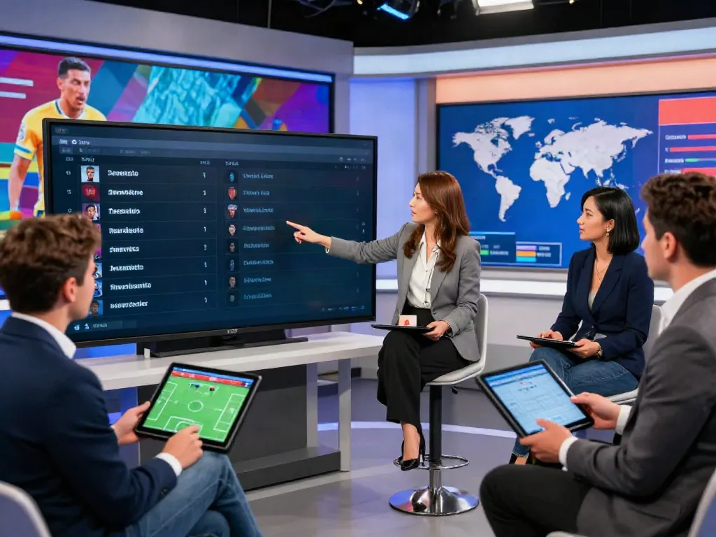 Soccer analysts discussing ข่าวตลาดซื้อขายนักเตะ in a modern studio setting with player stats displayed.