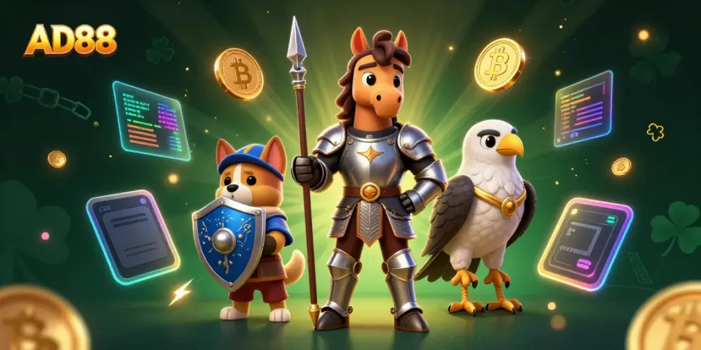 Experience thrilling gameplay at AD88 with a medieval knight, squire puppy, and falcon amidst vibrant casino elements.