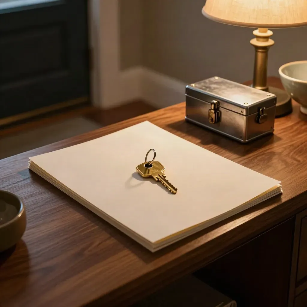 Walnut console with policy folio, key, lockbox, lamp and bowl in warm evening light