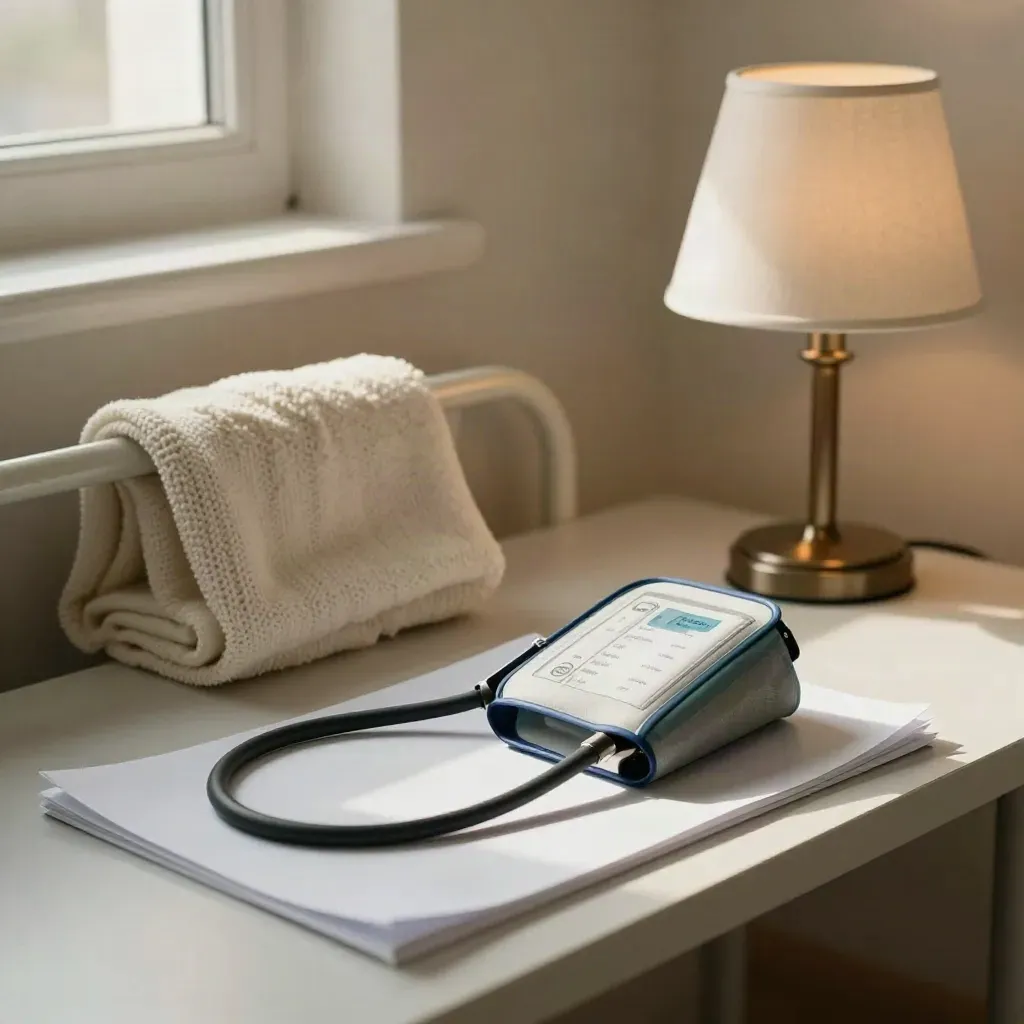Clinic corner with cuff, blanket, lamp and medical folder in warm afternoon light.