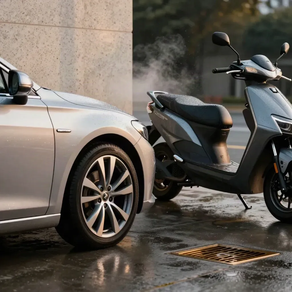 Silver sedan nose and scooter in a wet service bay, water beads and spray catching light.