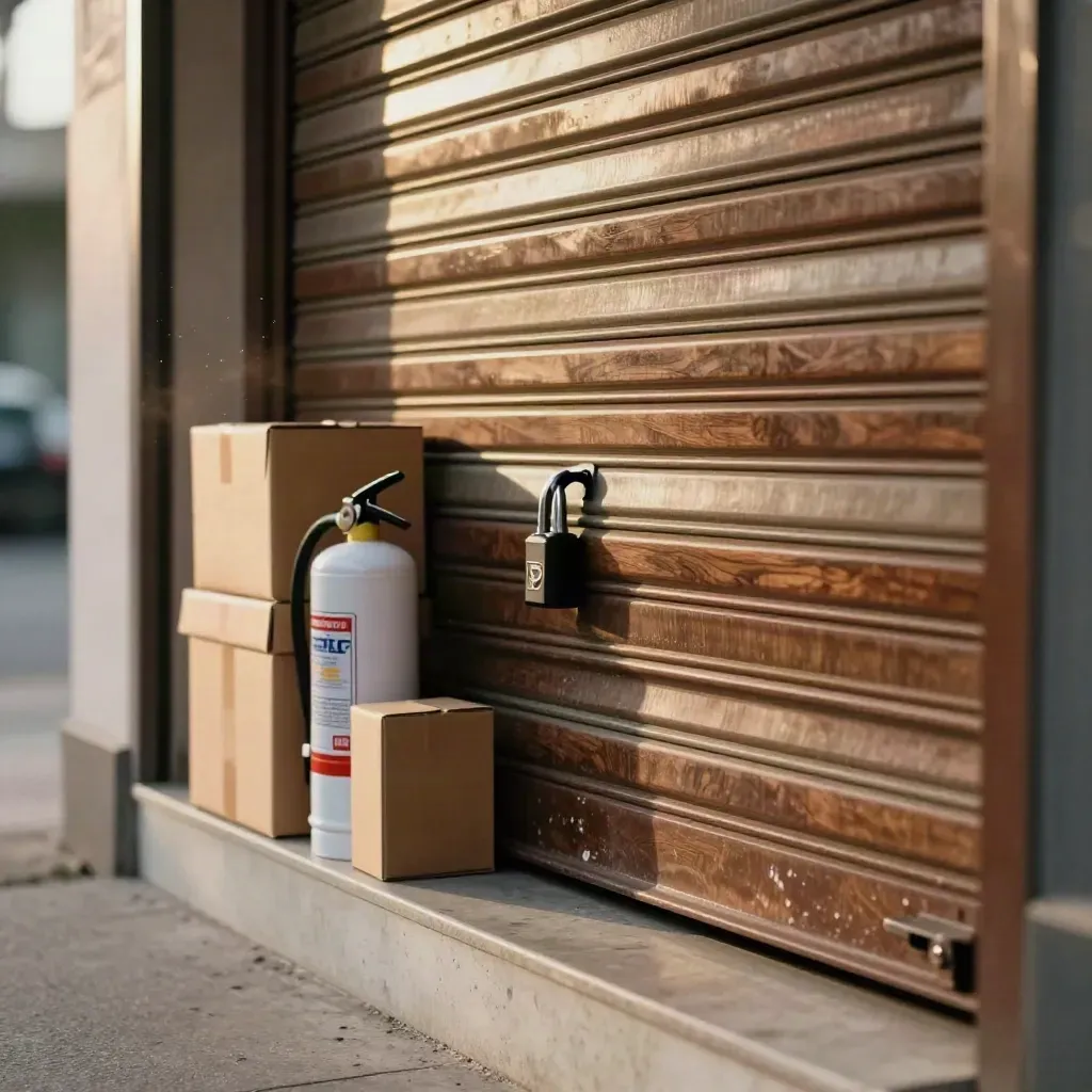Secure small storefront threshold with shutter, lock, extinguisher and parcel boxes in warm light