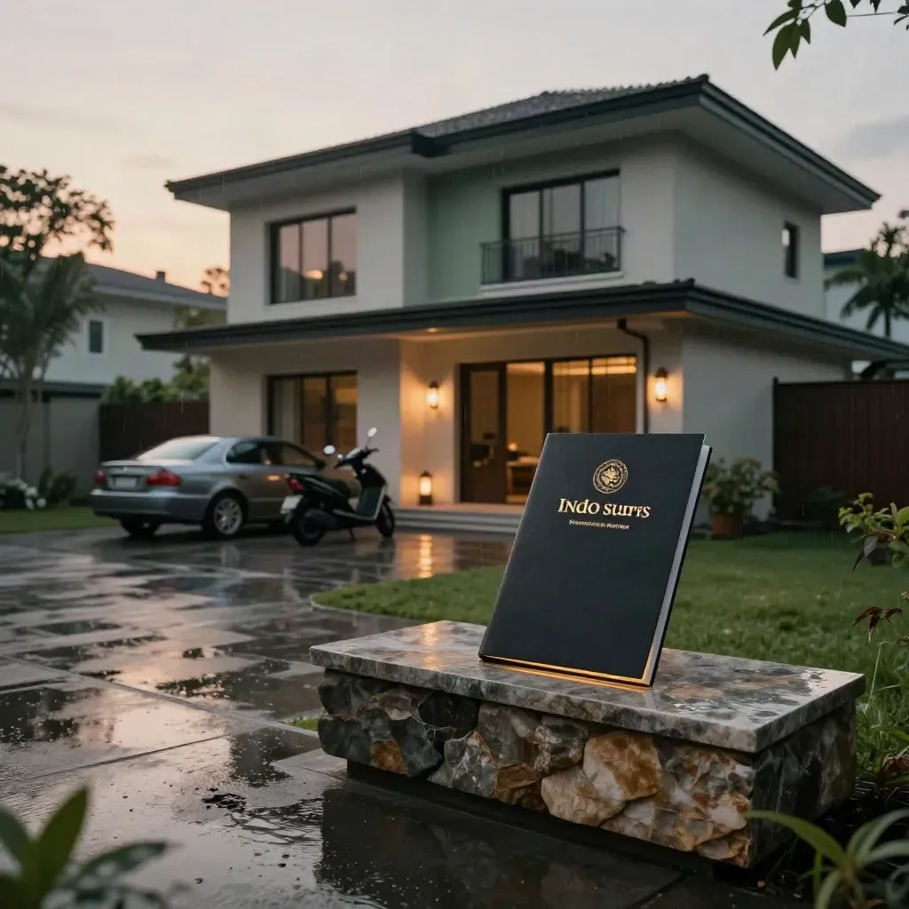 Rain-wet home frontage with car, scooter and policy folio glowing at blue hour.