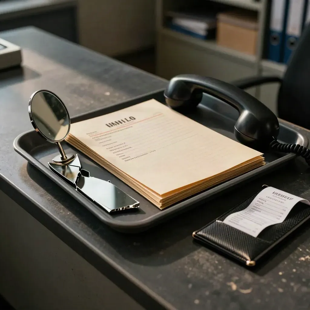 Claims tray with cracked mirror shard, sealed folder, handset, and receipt pouch on a dark counter.