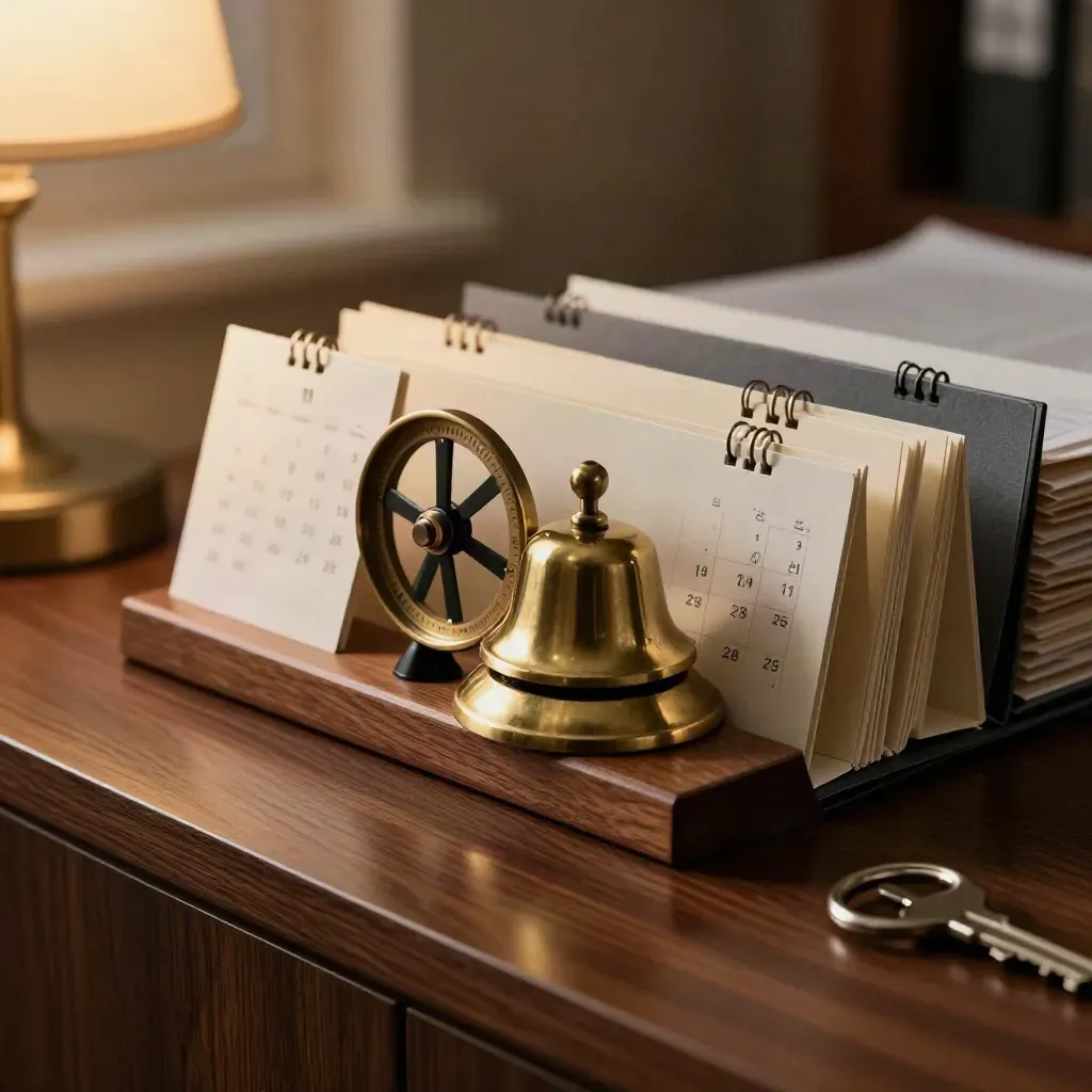 Brass bell, renewal folders and a calendar wheel on walnut wood, warmly lit from above.
