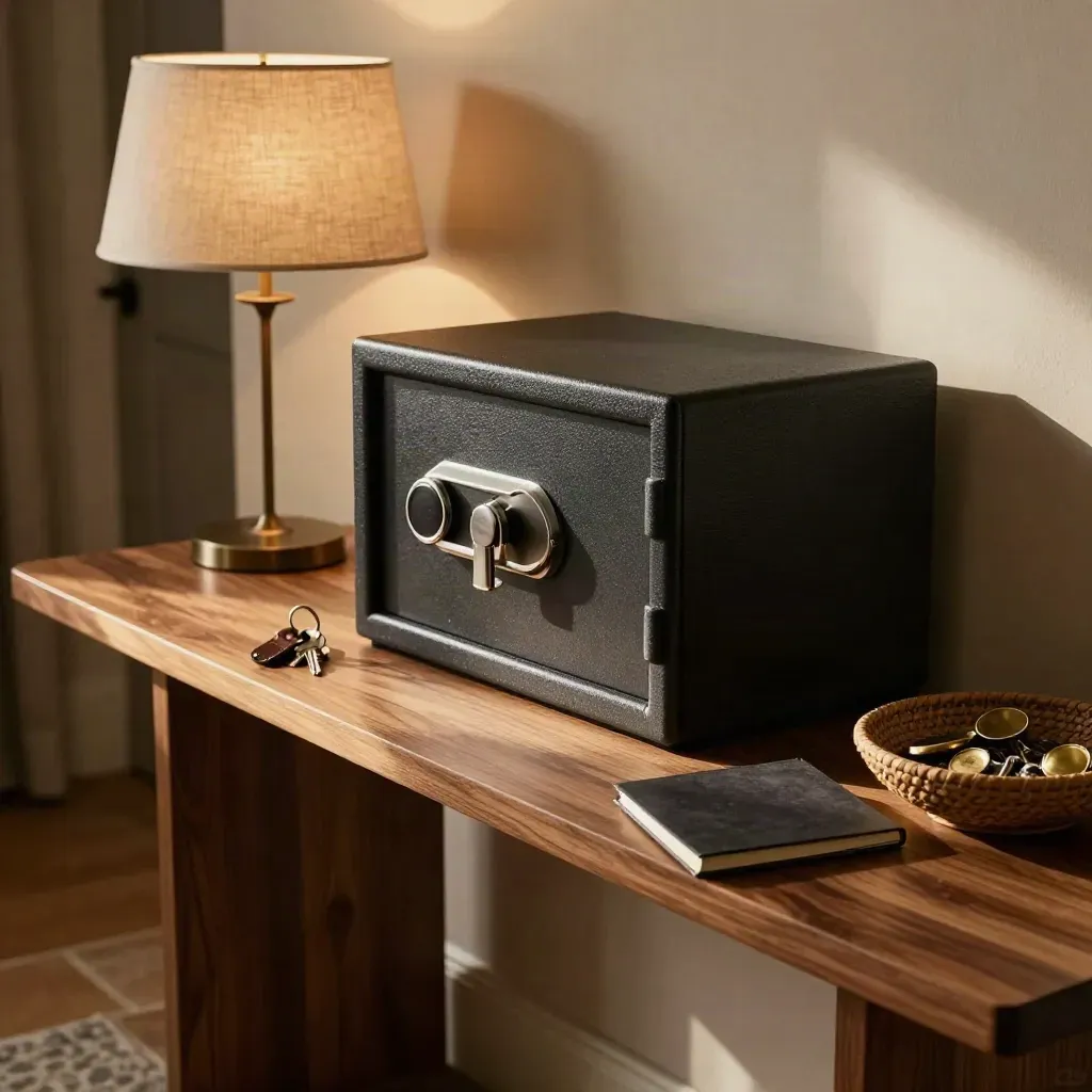 Locked home safe, keys, and policy folio on a warm entry console beside a glowing lamp.
