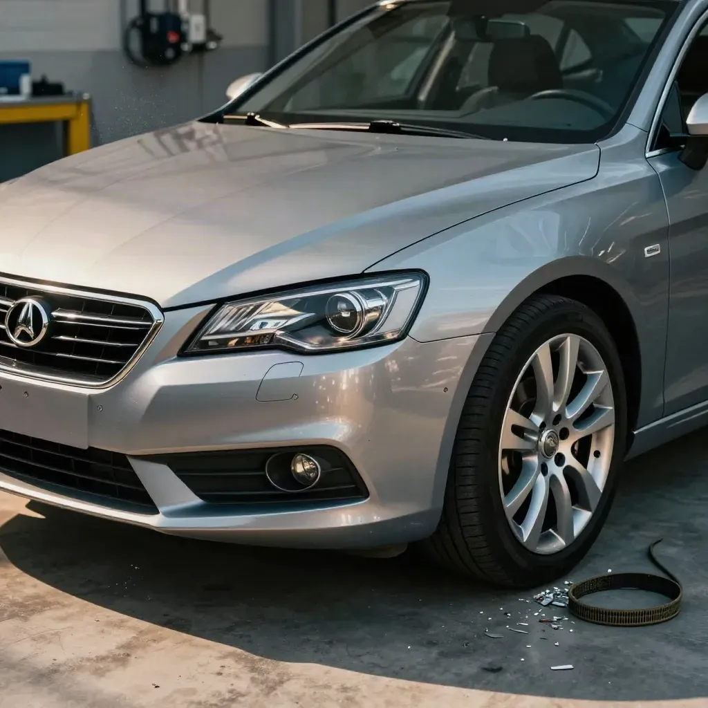 Repaired silver sedan in a spotless workshop bay with tow strap and swept glass