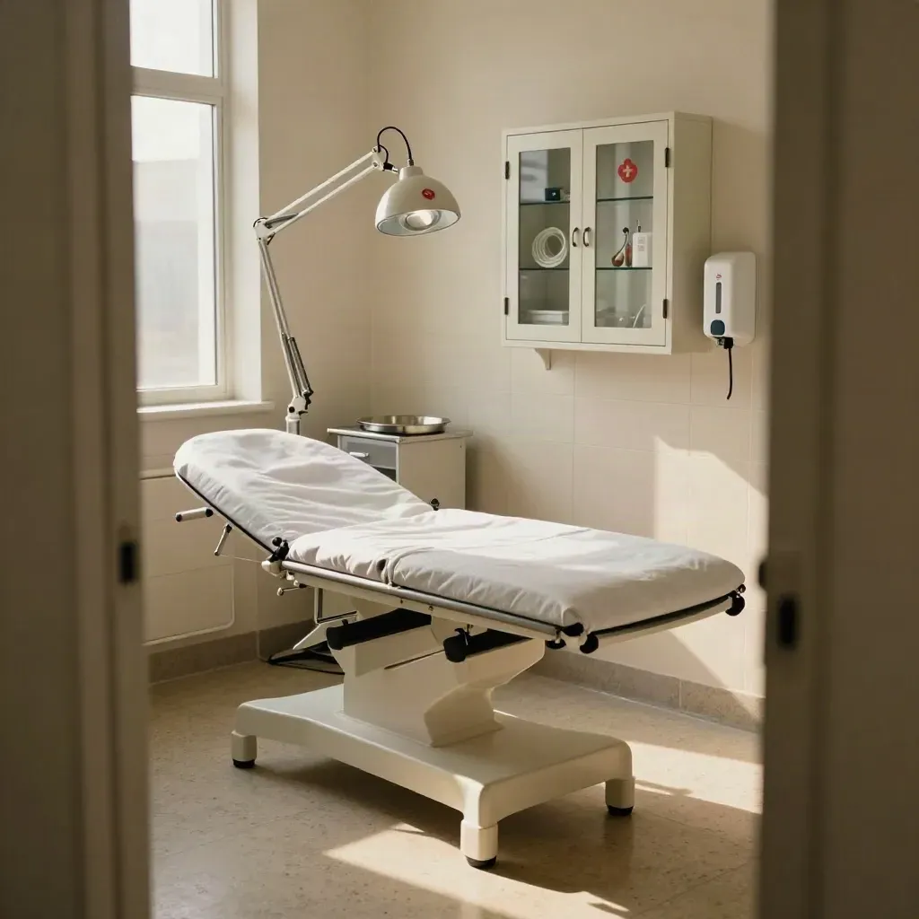 Pristine clinic treatment room with exam bed, lamp, cabinet and coiled tubing in soft morning light