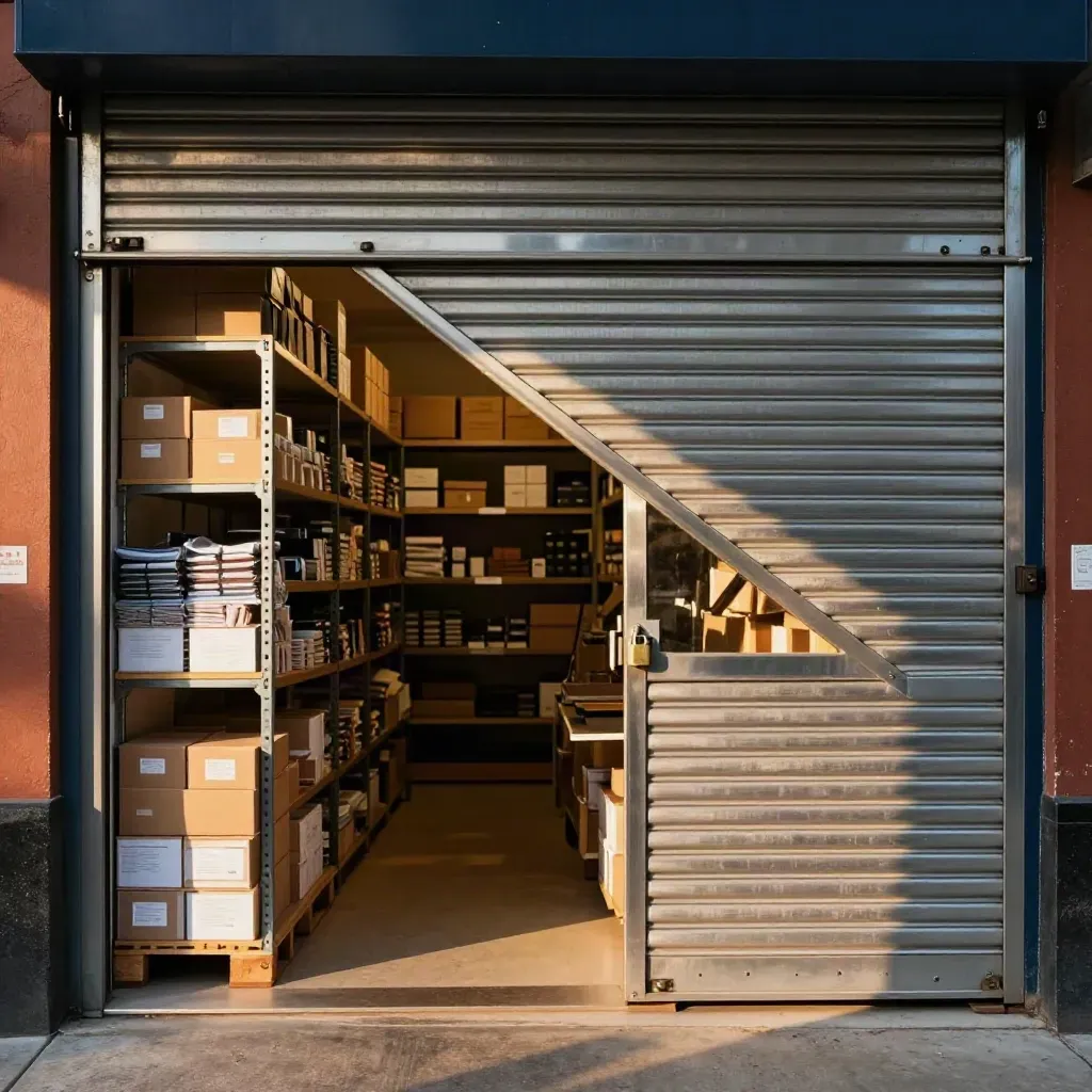 Shop interior with raised shutter, upgraded lock, and stacked stock boxes ready for opening.