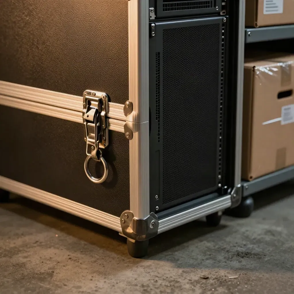 Extreme macro of protected stockroom cases, server cabinet grille, PPE locker seam and boxed inventory in moody light.