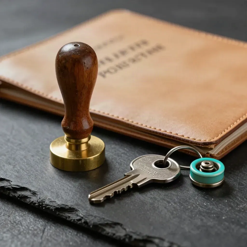 Brass seal stamp, leather folio, house key and renewal wheel on dark stone, macro-lit.