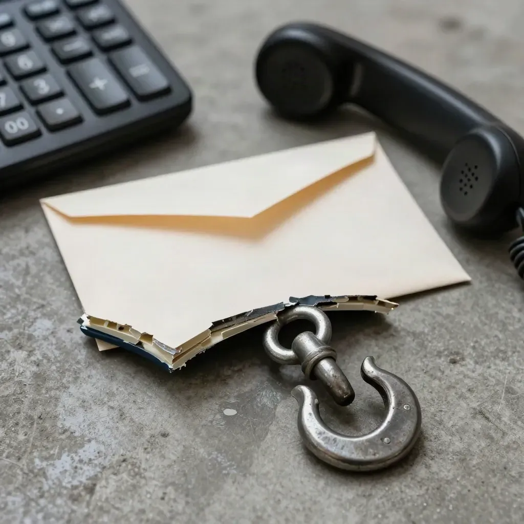 Damaged bumper fragment, tow hook, claims envelope, and phone handset on a workshop floor