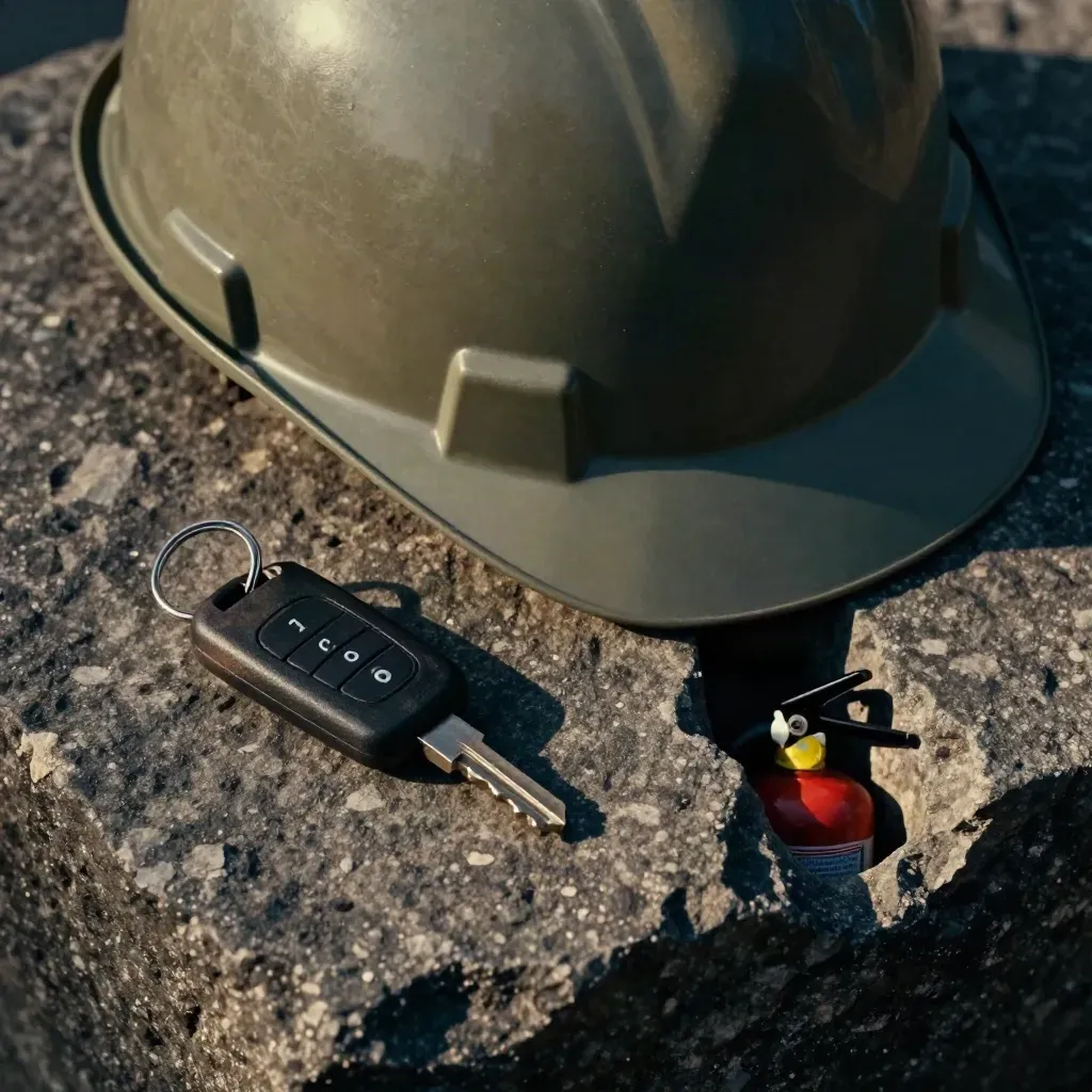 Stone close-up with hard hat, car key fob, house key and extinguisher pin