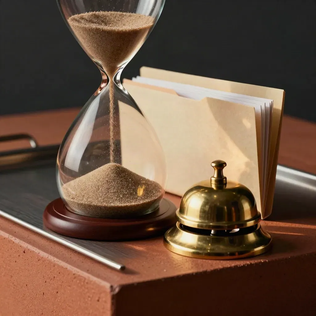 Amber hourglass, brass bell and renewal folder clips on a terracotta ledge
