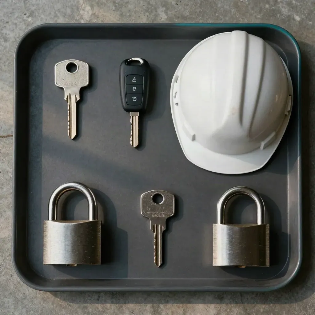 Overhead flatlay of house key, car fob, hard hat, and padlock on a dark tray with teal accent.