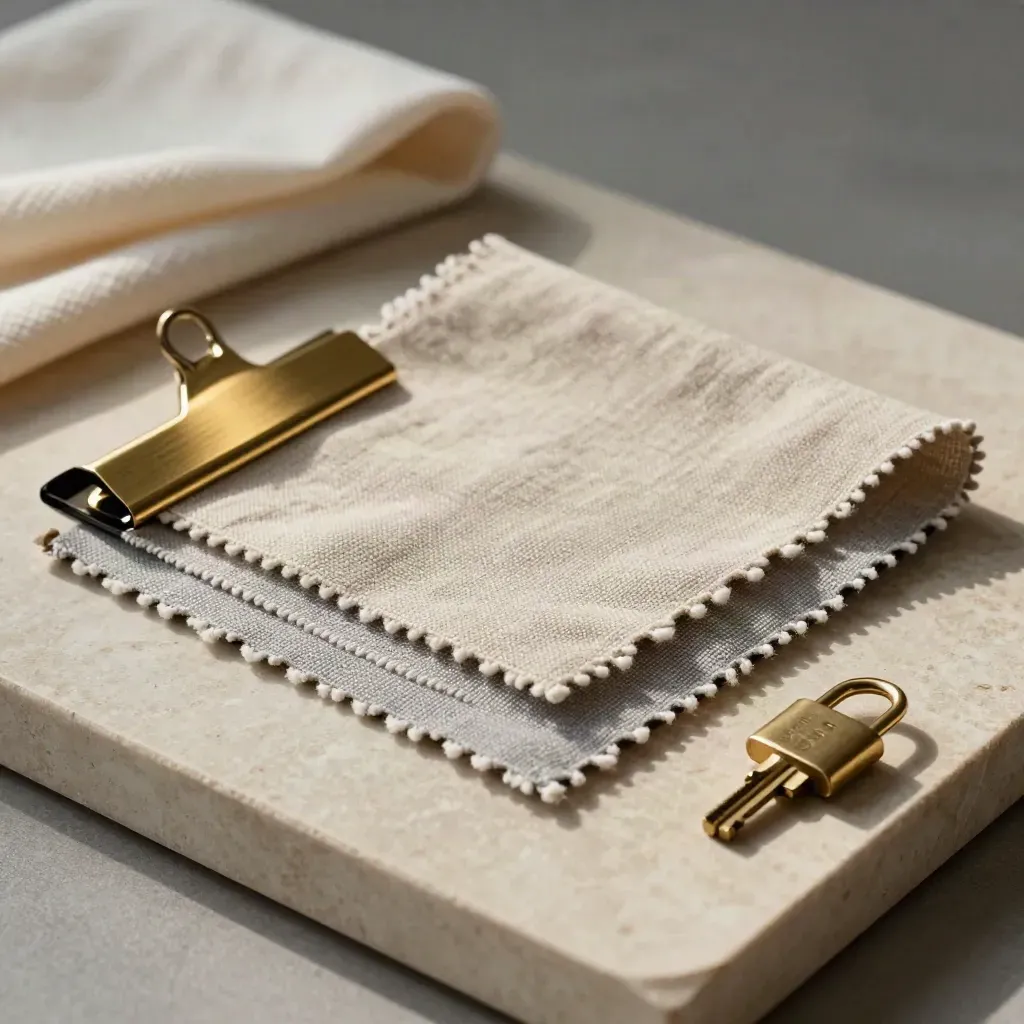 Linen swatches, brass clip and small key on a stone slab in soft side light.