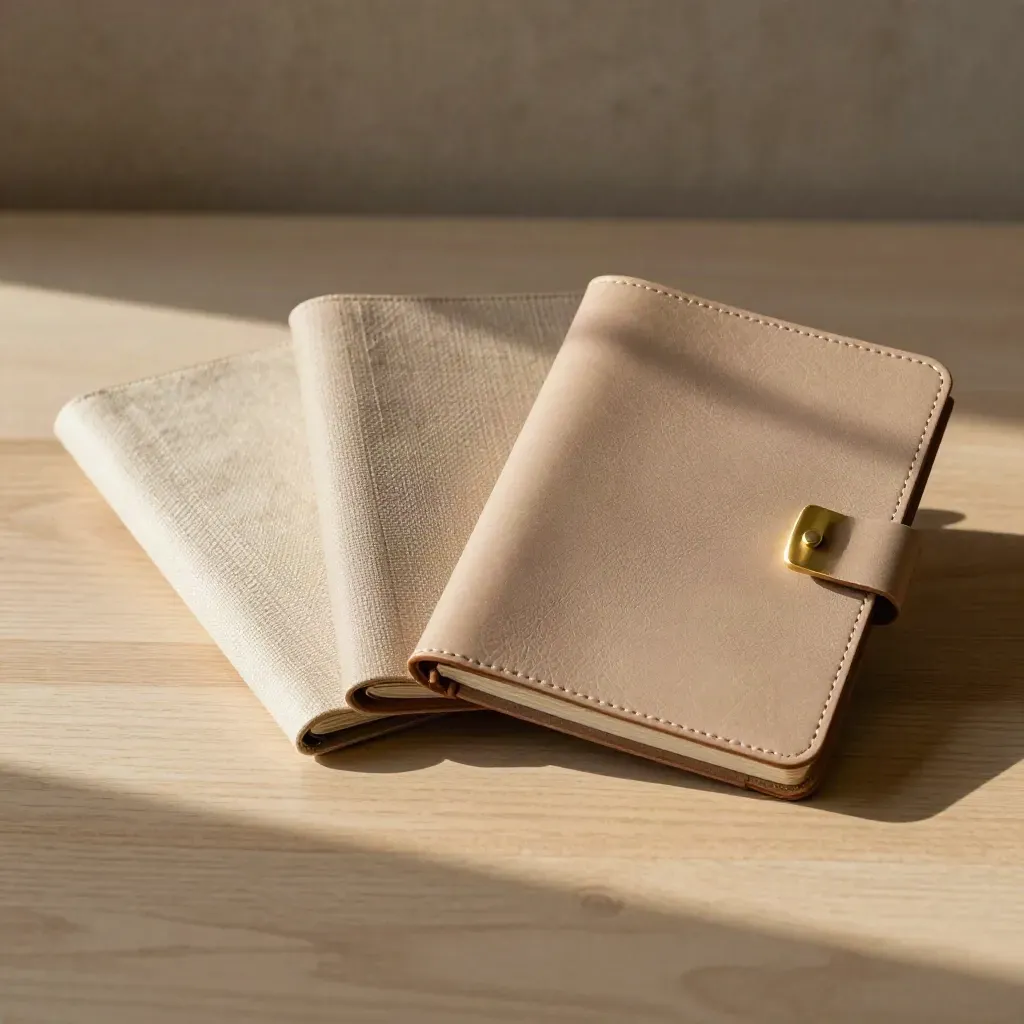 Three wrapped insurance folios with a brass marker on pale wood, lit softly from the side.