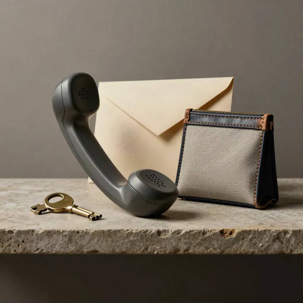Handset, key, envelope, and receipt pouch on a stone shelf with soft side light.