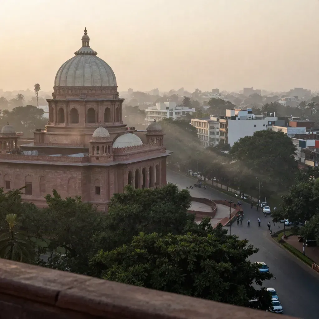 Sunrise over Delhi NCR with a sandstone dome, tree-lined avenues and hazy city horizon.