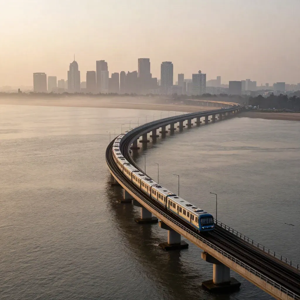 Mumbai Metro bridge over a hazy coastal skyline at golden dawn